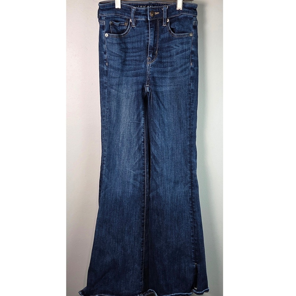 American Eagle Flare Jeans Womens 00 Blue Excellent High Rise Side Slit Denim
